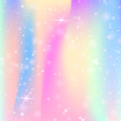 Fototapeta premium Unicorn background with rainbow mesh. Mystical universe banner in princess colors. Fantasy gradient backdrop with hologram. Holographic unicorn background with magic sparkles, stars and blurs.