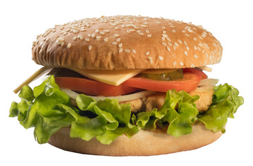 hamburger or a sandwich with turkey with lettuce, cheese, tomato, onion and pickled cucumber on a fresh bun with sesame seeds