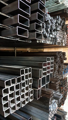 Construction steel profile in various shape, sizes, thickness, and weight at the warehouse of steel products.