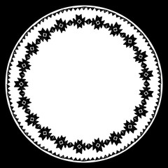 Beautiful card with native zigzag ornaments. Round frame mandala for your text. Hand drawn banner template with ethnic aztec border. Black contour isolated on white background. Vector