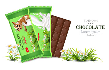 Milk Chocolate bar mock up. Product packaging Vector realistic organic label designs