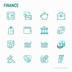 Finance thin line icons set: safe, credit card, piggy bank, wallet, currency exchange, hanner, agreement, handshake, atm slot. Modern vector illustration.