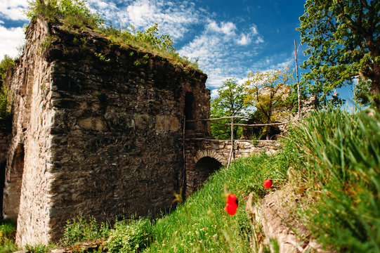 Ujarma fortress, Kakheti, Georgia. The ruins of old castle with ancient bridge with paving stones.