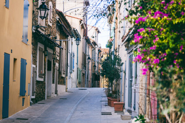 Fototapeta na wymiar Details of French Provencal architecture, narrow streets in Saint Tropez, France, Cote d'Azur, Provence