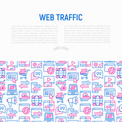 Fototapeta premium Web traffic concept with thin line icons: SEO technology, data exchange, sync, click, mobile backup, traffic speed, sales growth. Modern vector illustration for banner, print media, web page.