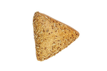 Rye triangle bun sprinkled with sunflower and flax seeds isolated on white background