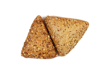 Closeup of two rye bread with flax seeds isolated on white background