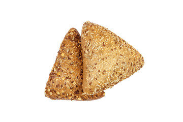 Closeup of two rye bread with flax seeds isolated on white background