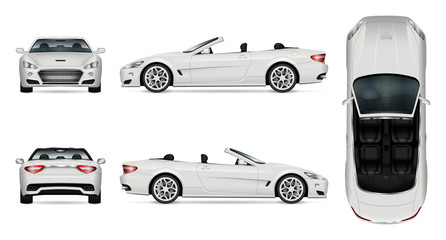 Fototapeta premium Car vector mock-up. Isolated template of cabriolet car on white. Vehicle branding mockup. Side, front, back, top view. All elements in the groups on separate layers. Easy to edit and recolor.