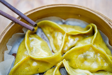 Asparagus tofu dumpling - close-up. Food sticks and Chinese food. Macro 