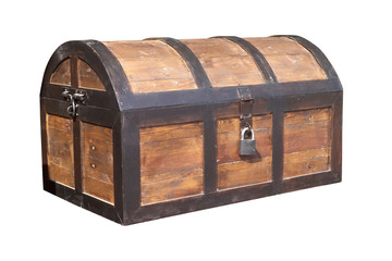 Vintage wooden chest with key lock isolated.