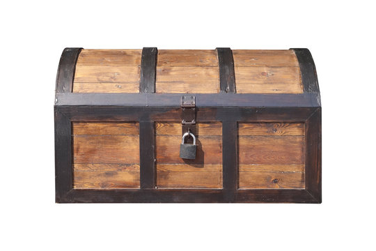 Vintage wooden chest with key lock isolated.