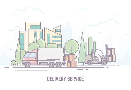 City delivery truck on city road. Urban background, skyscrapers and buildings, park and trees. Delivery concept with city background. Modern line vector illustration. Cargo forklift car.