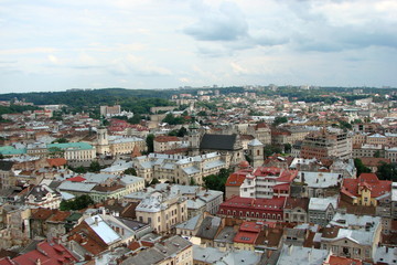 city landscape of the central old part of Lviv from the height of the city hall.