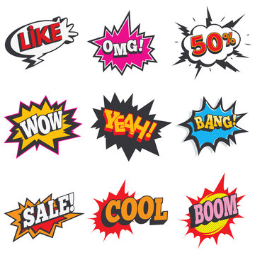 Comic sound effect set. Bubble speech, label for sale discount. Retro comical book cartoon expression with text "sale, 50%, OMG! cool, boom, like" and other. Vector illustration.