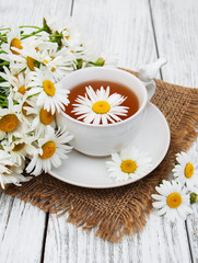 Fototapeta na wymiar cup of herbal tea with chamomile flowers