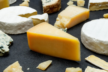 Various types of cheese - parmesan, brie, roquefort, cheddar