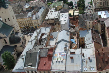 city landscape of the central old part of Lviv from the height of the city hall.