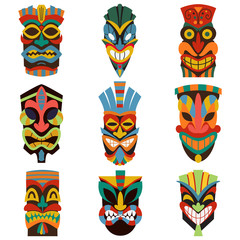Tribal tiki mask vector set of colorful cut wooden guise. Flat icons isolated on white background. - obrazy, fototapety, plakaty