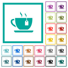 Cup of tea with teabag flat color icons with quadrant frames