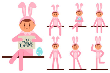 Cute boy in Easter bunny costume. Vector cartoon flat kids character set for spring holiday isolated on white background.
