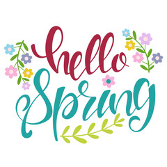 Obraz premium Hello Spring hand drawn text with branches and flowers. Greeting card with font isolated on a white background. Vector illustration.
