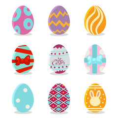 Easter eggs with colorful patterns set. Vector cartoon icons for spring holiday isolated on white background.