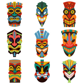 Tribal tiki mask vector set of colorful cut wooden guise. Flat icons isolated on white background.