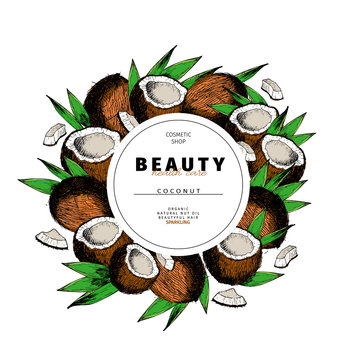 Cosmetic packaging template. Coconut nut oil beauty product. Vector hand drawn illustration. Organic vegetarian food ingredient. Good for label, beauty shop, spa, welness, restarurant, menu