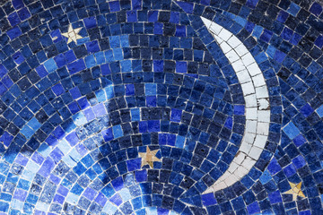 Moon and stars on blue sky, mosaic tiles background