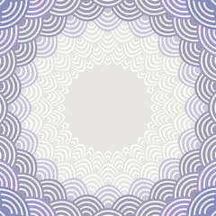 Round Wreath composition frame for your text. fish scales simple Nature background with japanese wave circle pattern Gray lilac violet purple lavender colors card banner design. Vector