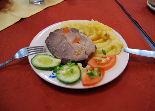 A Good Lunch In The Dining Room At The Factory:  Mashed Potatoes, Sliced Vegetables And Baked Meat 