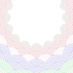 Round Wreath composition frame for your text. fish scales simple Nature background with japanese wave circle pattern, Pink lilac green pastel color card banner design on white background. Vector