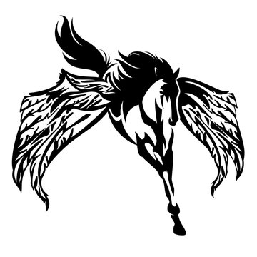 winged horse black and white vector design - flying pegasus illustration