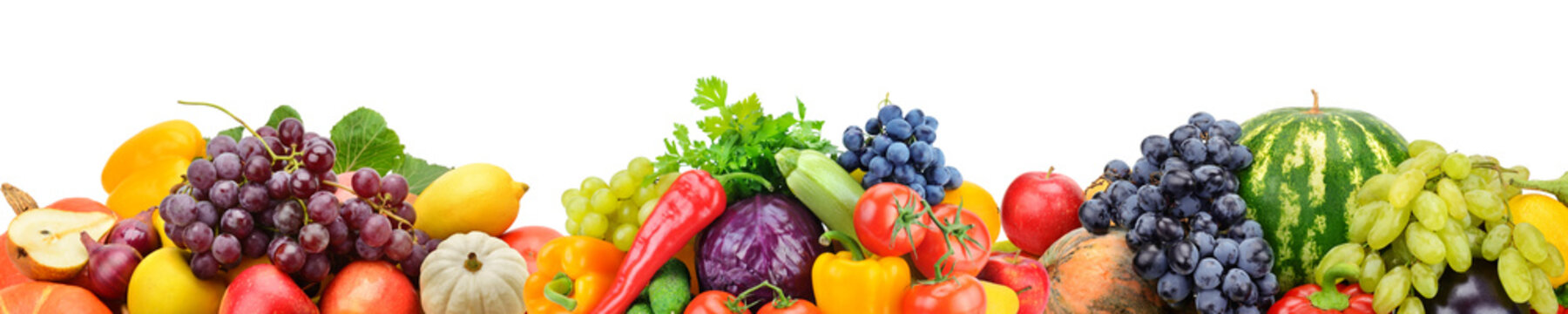 Fototapeta Collection fresh fruits and vegetables isolated on white background. Panoramic collage. Wide photo .