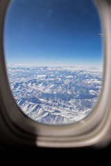 Ariel view of Himalayan Mountain, Spring landscape. Mountains with altitude in blue distance,...