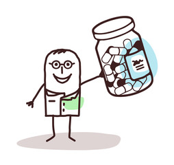 Cartoon Doctor  with Bottle of Medicine Capsules