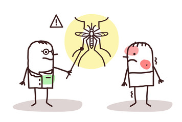 Cartoon Doctor with Sick Man and Dengue Mosquito