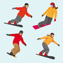Obraz premium Set of vector sportsmen snowboarders boys and girls. Winter sport. Flat style.