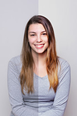 Obraz premium Young woman portrait without retouch and makeup and with retouch