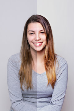 Young woman portrait without retouch and makeup and with retouch