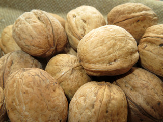 Whole walnuts on burlap