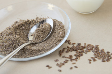 Flax seeds, linseed, seeds closeup on a spoon