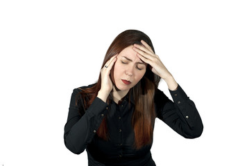 girl on a white background suffers from a headache, holding her hands behind her head