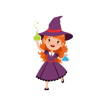 Small red-haired girl witch standing with glass flasks full of potions in his hands. Child character in purple dress and hat. Halloween costume. Flat vector on white.