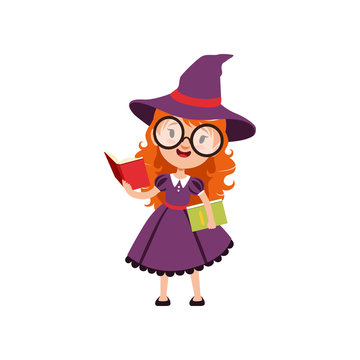 Smart red-haired girl witch reading books and wearing purple dress, hat and glasses. Smiling kid character in Halloween costume. Vector flat cartoon illustration on white.