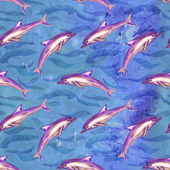 Short-beaked common dolphin in purple color palette, hand painted watercolor illustration, seamless pattern on blue ocean surface with waves background