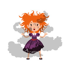 Illustration of little disheveled and soiled red-haired girl witch after the explosion of the potion. Kid character in costume. Flat cartoon vector isolated on white.