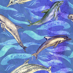 Dolphins variety: common bottlenose, Short-beaked, Atlantic Spotted and Risso's,  hand painted watercolor illustration, seamless pattern on blue, purple ocean surface with waves background © ArtoPhotoDesigno