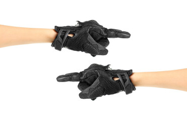 Sport black Moto gloves. Glove points right and left. Two hands in gloves. Isolated on white background